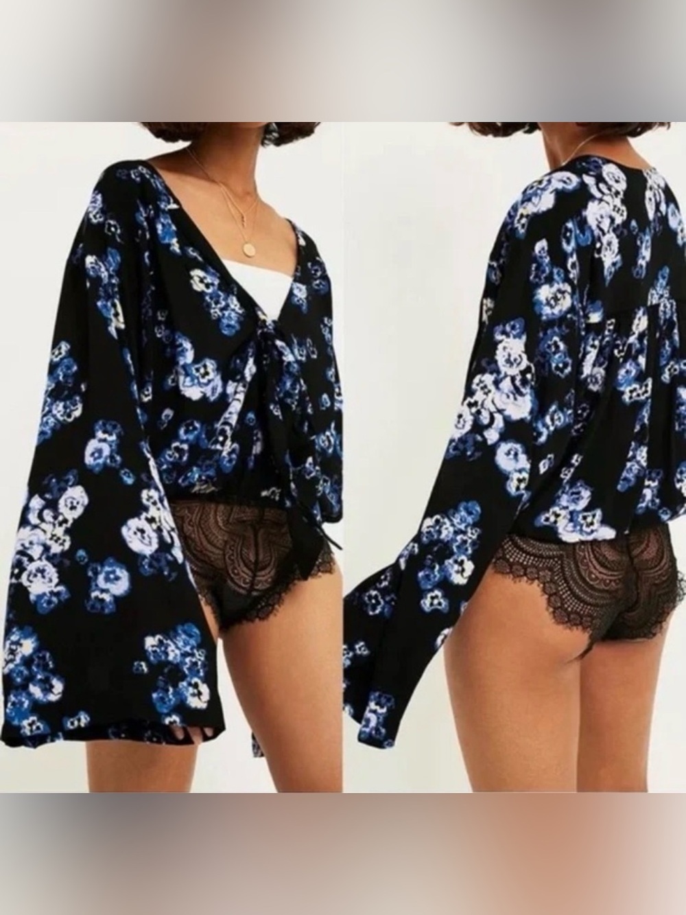 Free People Black Floral Tie-Front Bodysuit